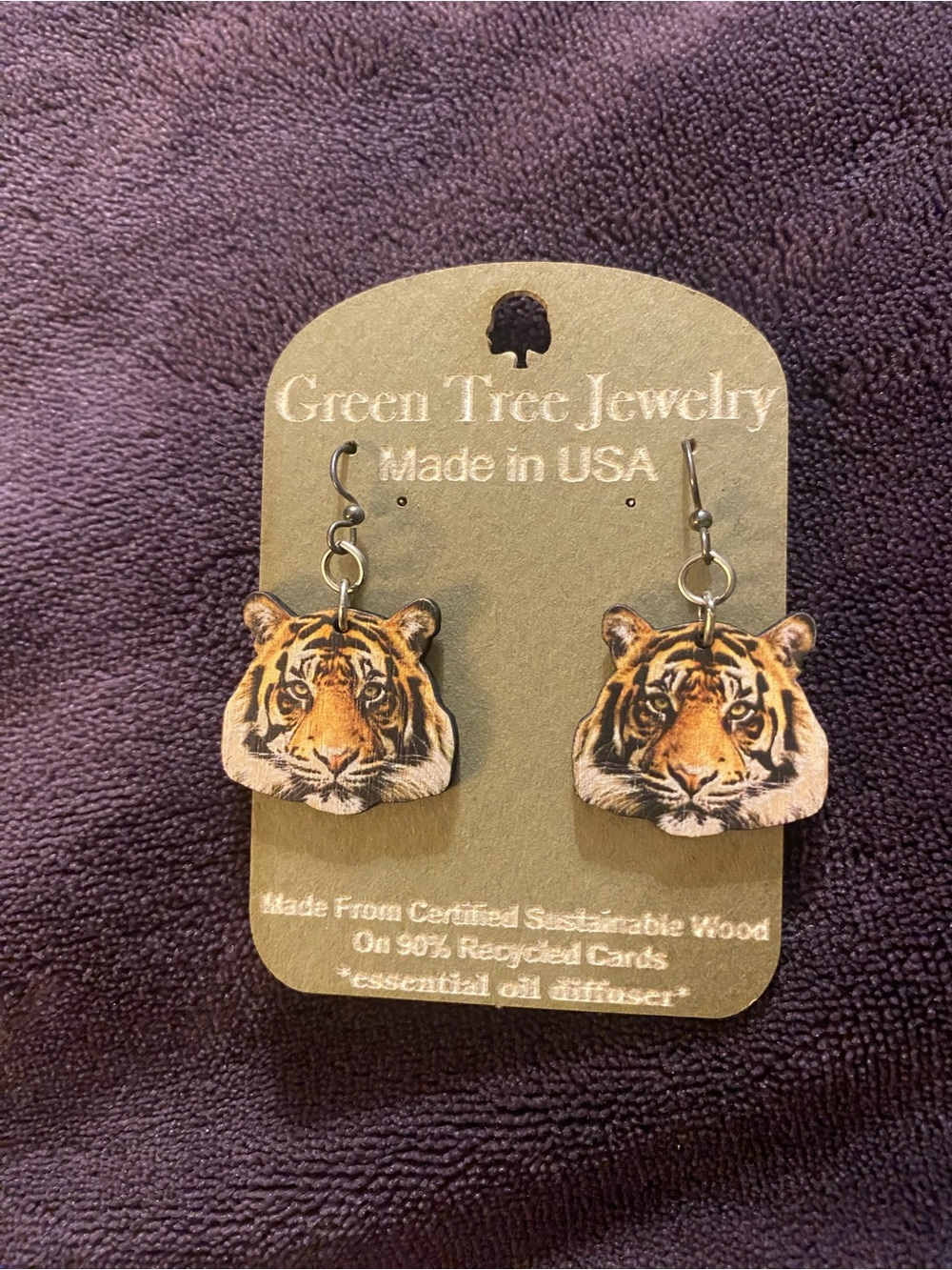 Green Tree Jewelry Tiger Face Wooden Earrings - Orange and Black
